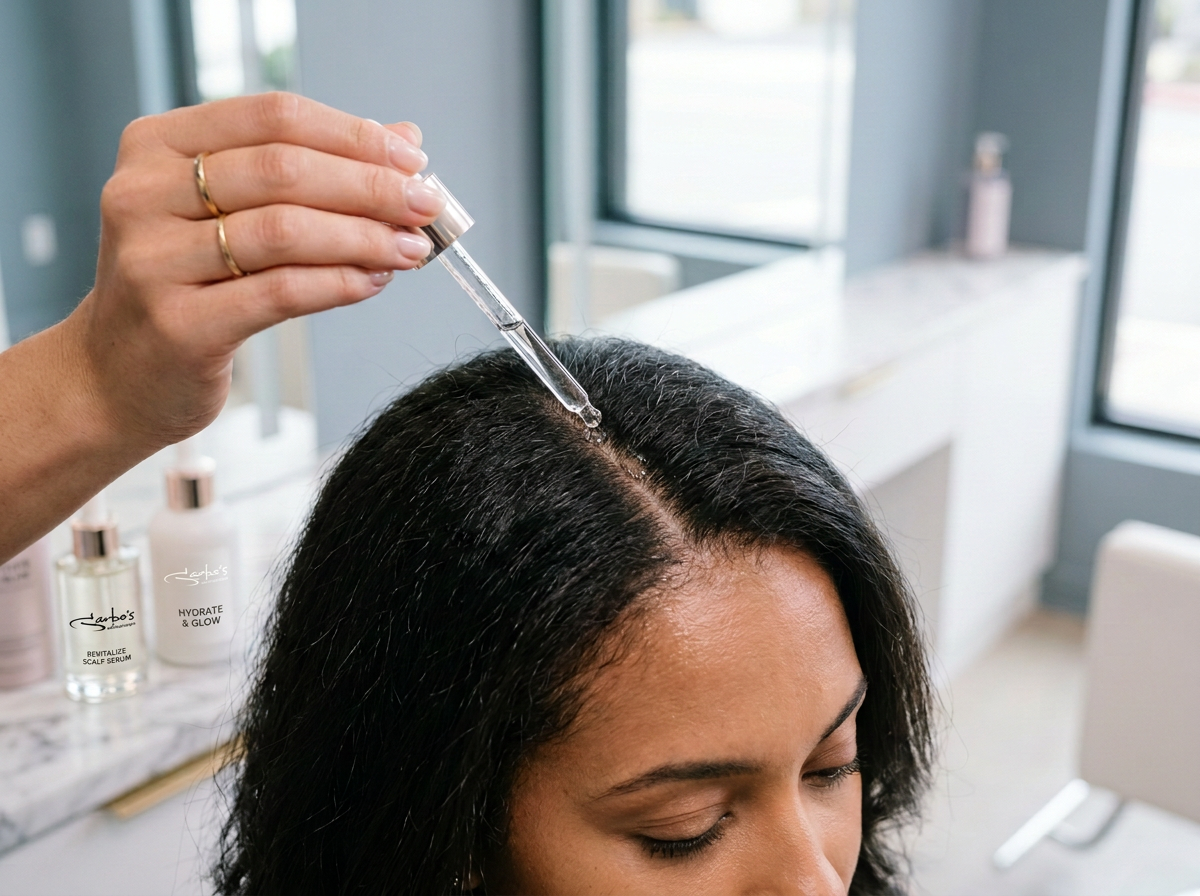 Applying scalp serum with a dropper at Garbo's Salon and Spa