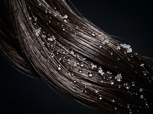 Close-up of a dark brown hair strand coated with white mineral buildup crystals.